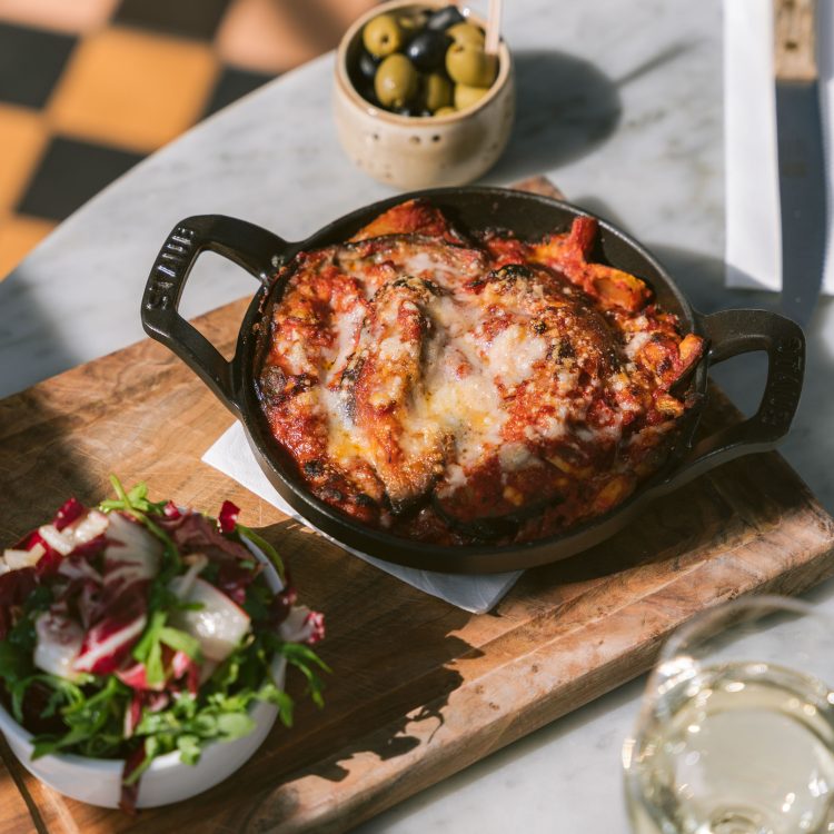 0053 - 2022 - Gees Restaurant & Bar - Oxford - High Res - Conservatory Food Aubergine Parmigiana Mixed Leaf Salad (Press Web)