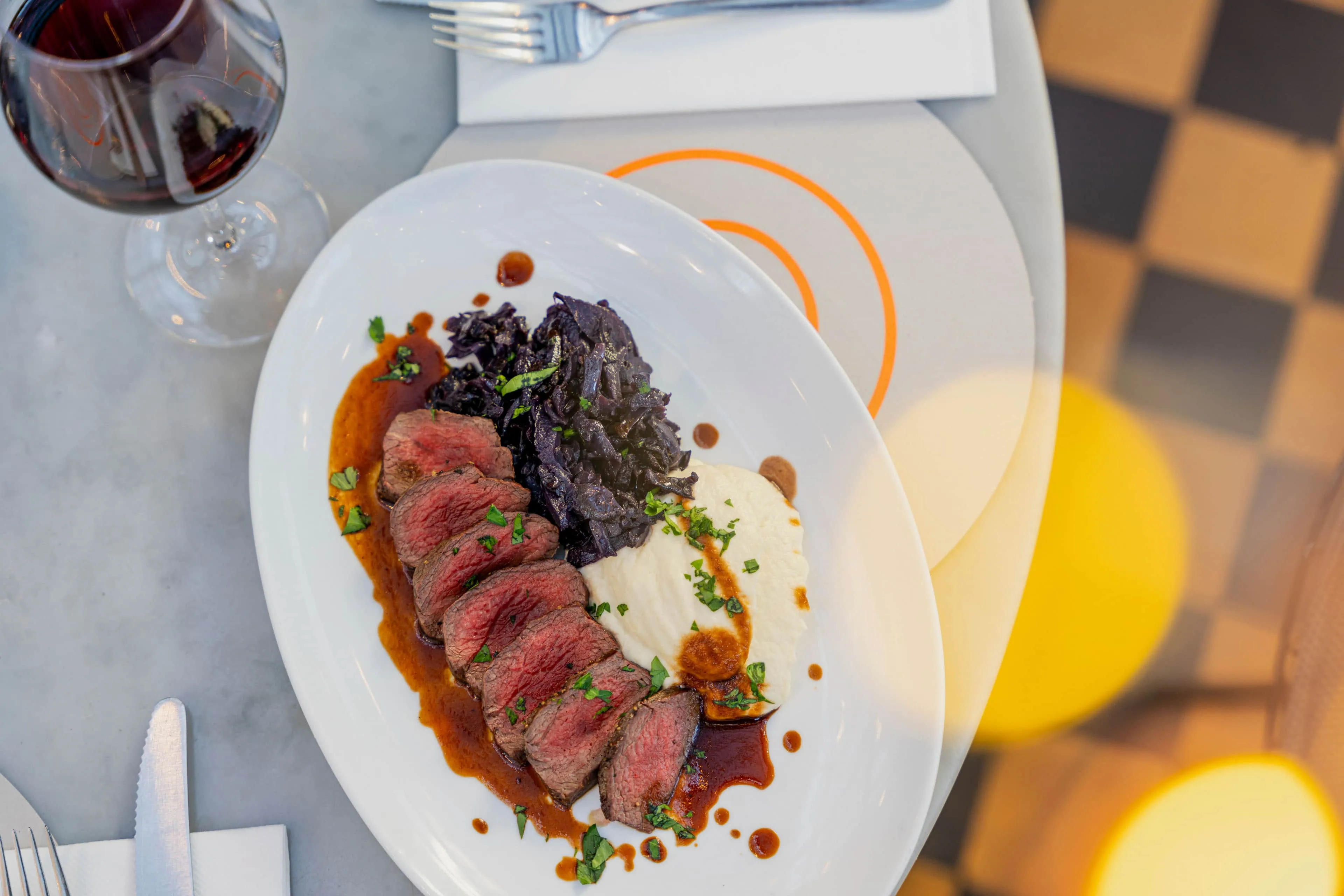 A7R06806 - 2023 - Gees Restaurant & Bar - Oxford - High Res - Festive Foods Venison Loin Celeriac Red Cabbage Juniper Sauce - Web Hero